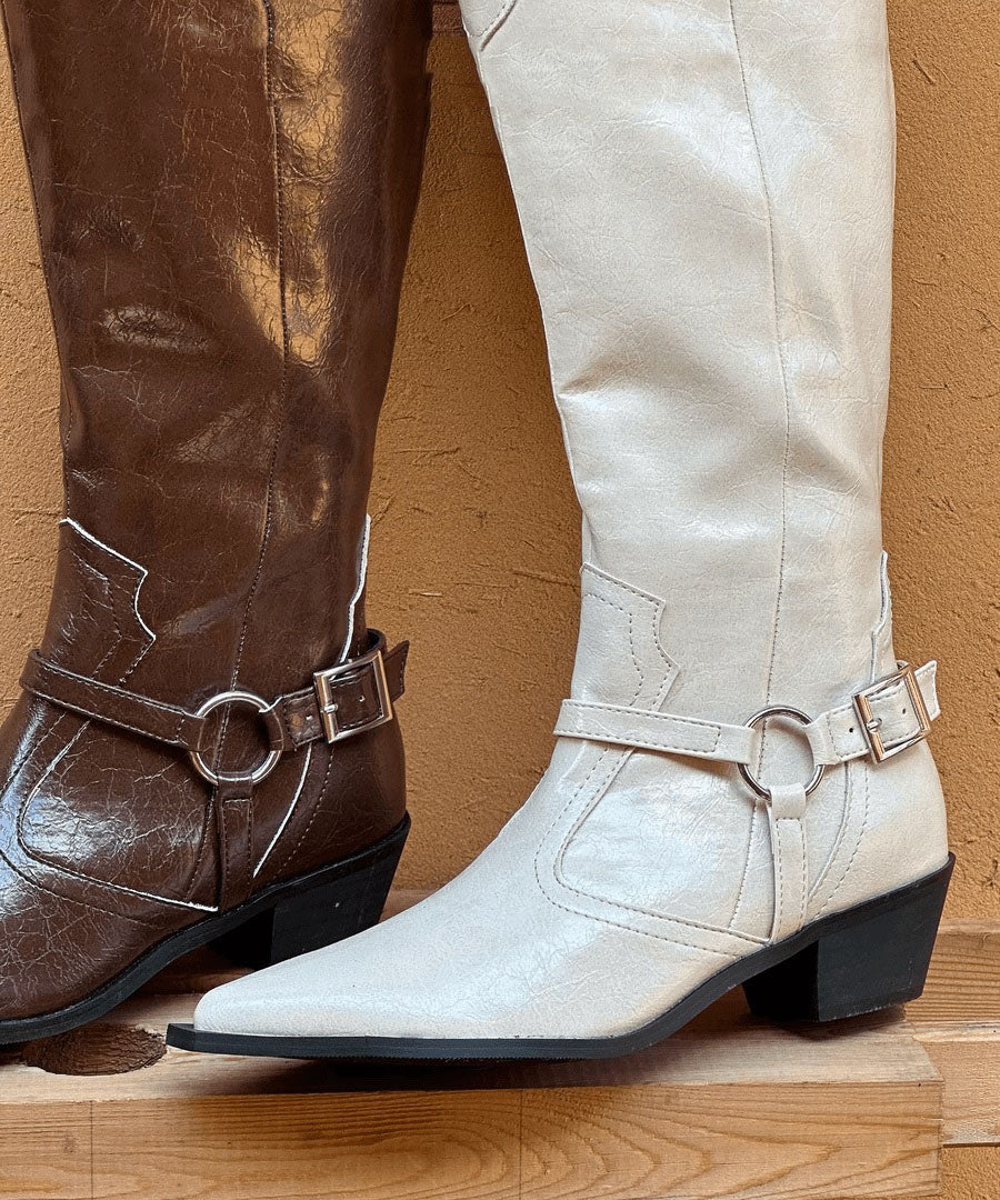 Splicing Chunky Boots Brown Faux Leather Pointed Toe