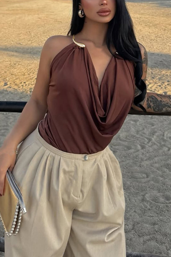 Metal Ring Halter Neck Backless Draped Sleeveless Top