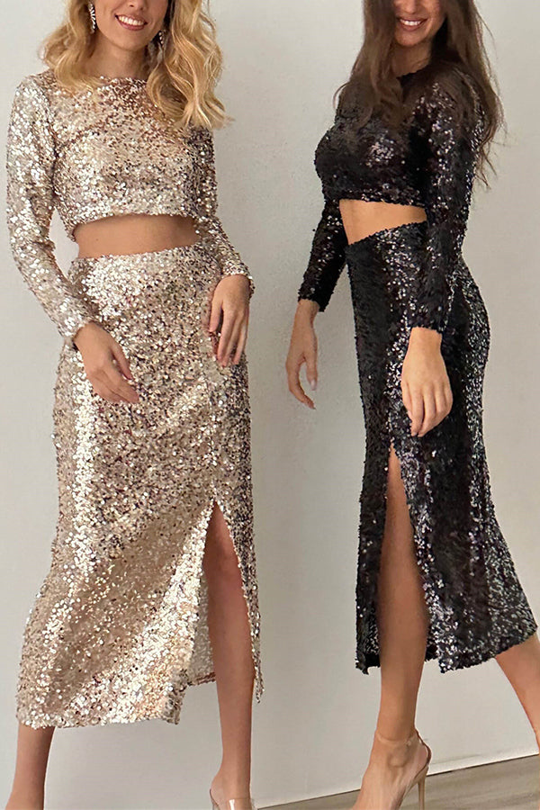 Solid Sequined Long-sleeved Crop Top and Slit Midi Skirt Set