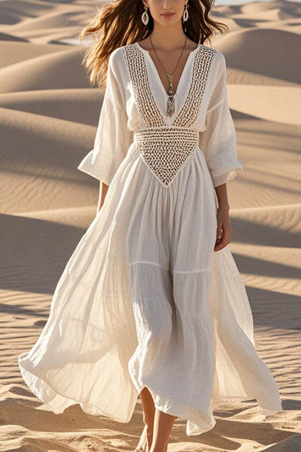 Hollow V-neck Full Hem Holiday Style Midi Dress