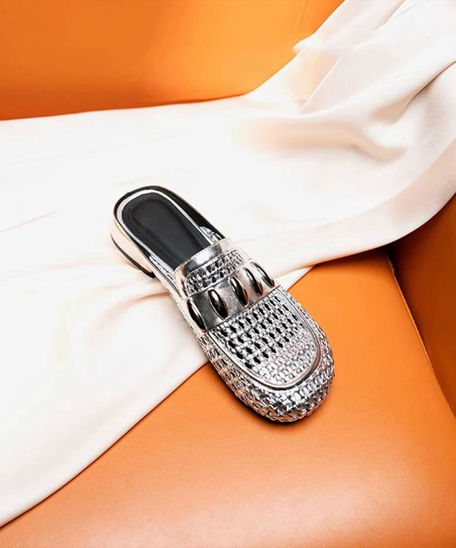 Silver Hollow Out Faux Leather Splicing Slide Sandals