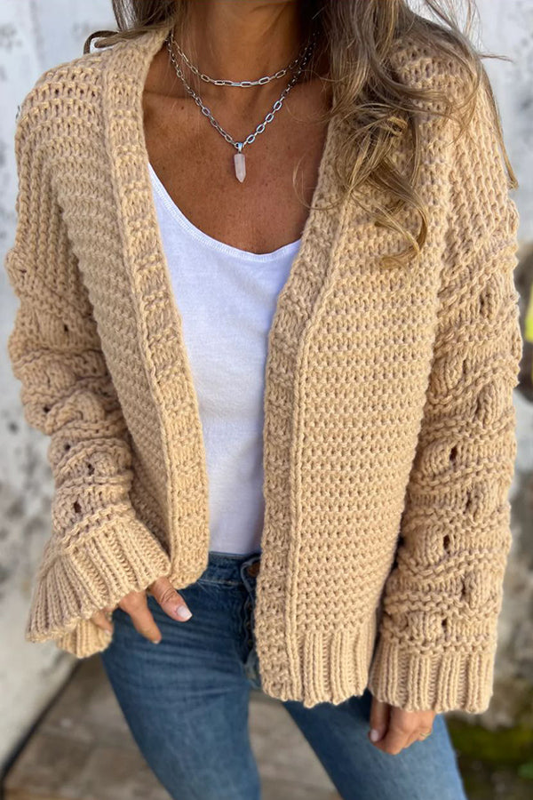 Knit Solid Color V-neck Long-sleeved Cardigan