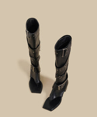 Unique Splicing Chunky Flip Flops Boots Black Faux Leather Rivet