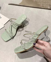Green Splicing High Heel Slippers Zircon Peep Toe