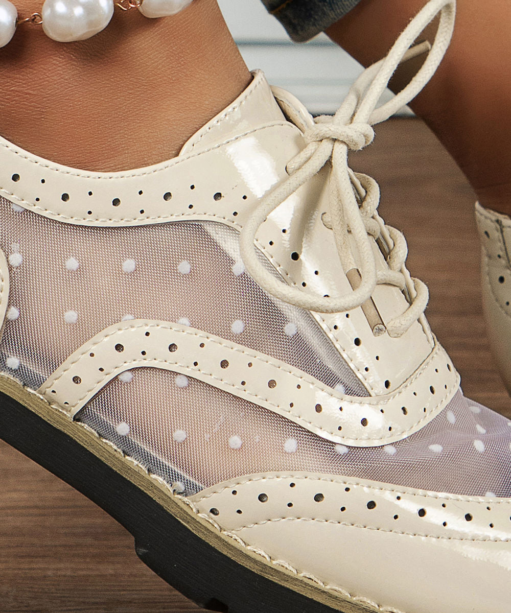 Simple White Lace Up Tulle Splicing Faux Leather Flats