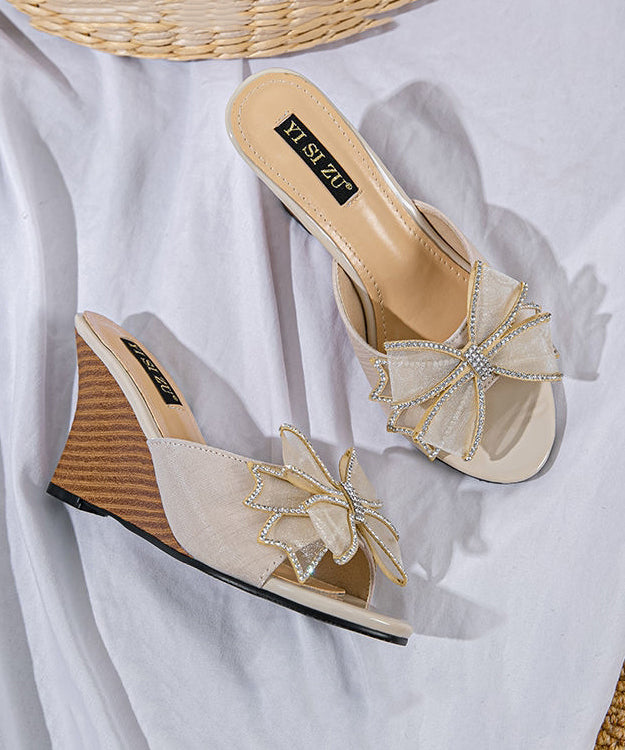 Stylish Splicing Wedge Heels Slide Sandals Black Bow Peep Toe