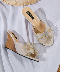 Stylish Splicing Wedge Heels Slide Sandals Black Bow Peep Toe