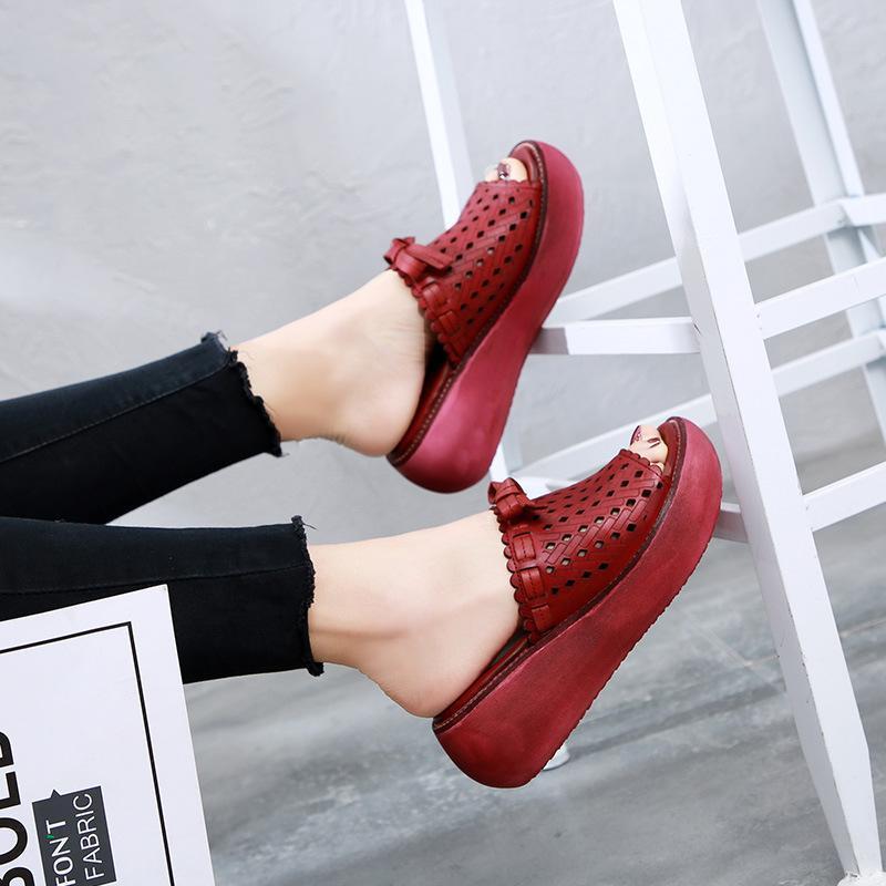 Leather Vintage Hollow Out Wedge Casual Slippers