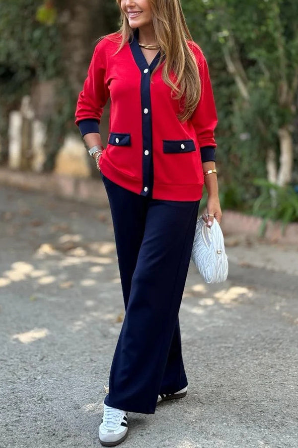 Color-blocked V-neck Knitted Button-down Cardigan and Elastic Waist Casual Wide-leg Pants Set