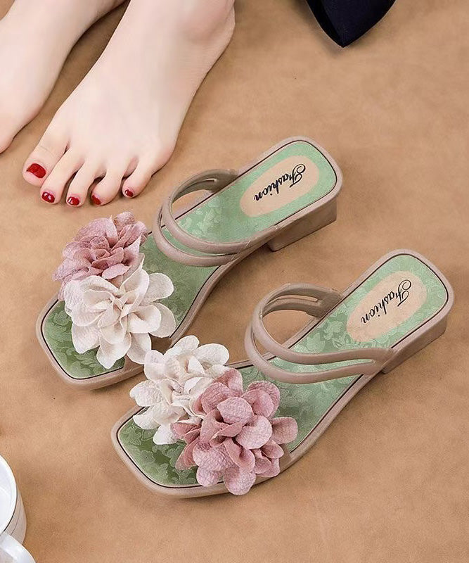 Green Floral Splicing Chunky Slide Sandals Peep Toe