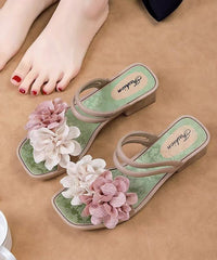 Green Floral Splicing Chunky Slide Sandals Peep Toe