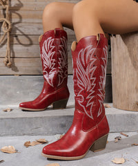 Red Embossed Hollow Out Faux Leather Chunky Thigh Boots