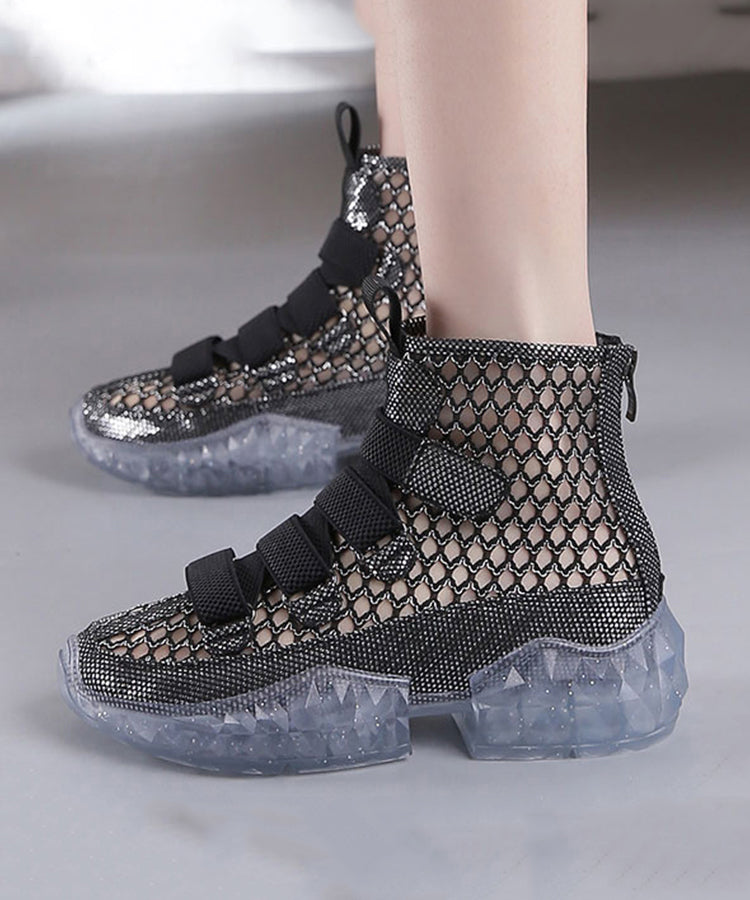 Black Hollow Out Wedge Boots