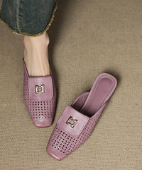 Apricot Cowhide Leather Splicing Hollow Out Slide Sandals