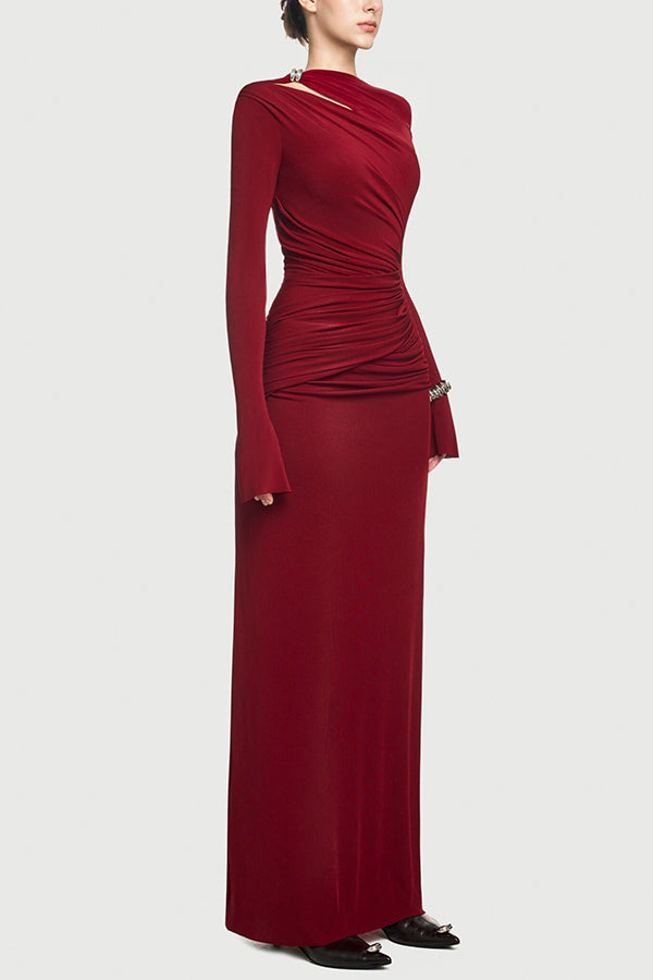 Long-sleeved Slim-fit Pleated Elegant Maxi Dress