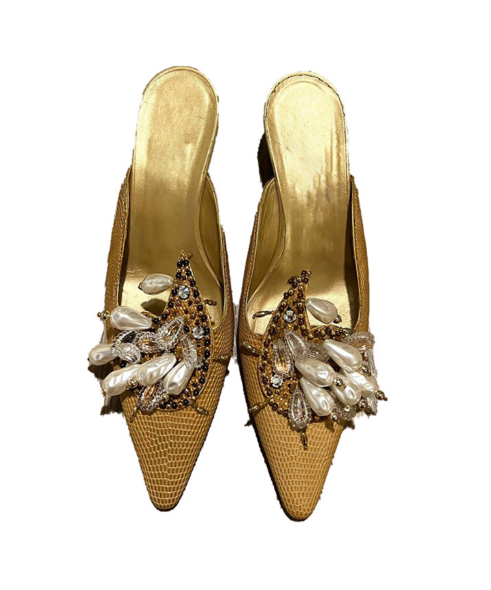 Golden Slide Sandals French Pointed Toe Bead Decorated