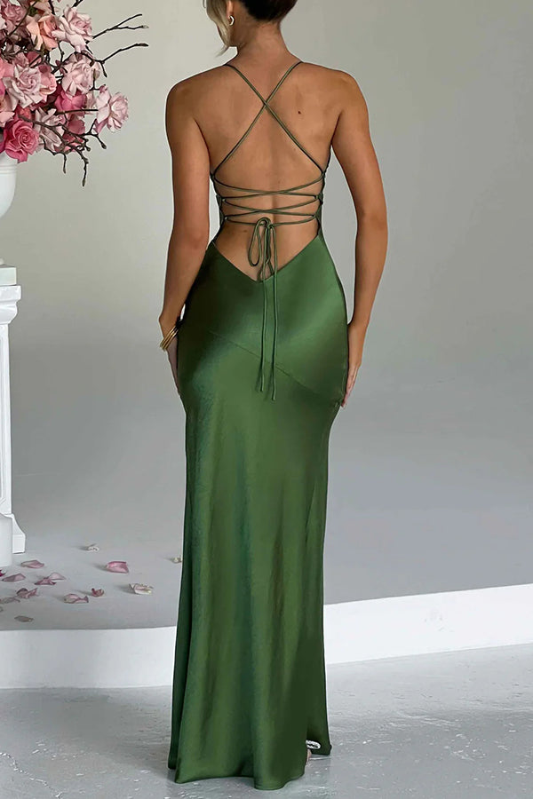 Satin Solid Color Backless Lace Up High Slit Maxi Dress