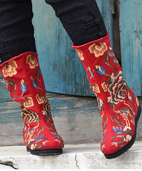 Red Cowgirl Boots Embroideried zippered Comfy Cotton Fabric Knee boots