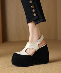 Splicing Platform Sandals White Cowhide Leather Hollow Out