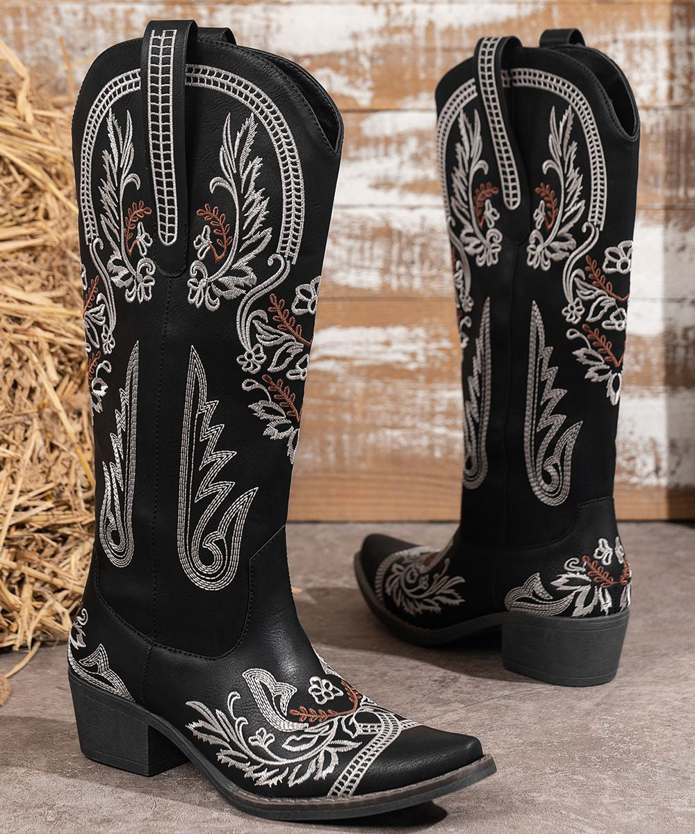 Chic Black Splicing Faux Leather Chunky Boots Embossed