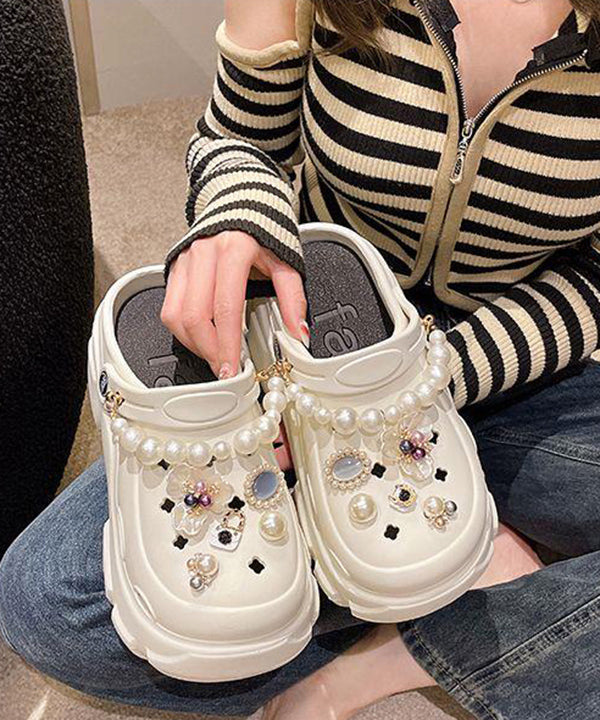 White Nail Bead Hollow Out Platform Slide Sandals