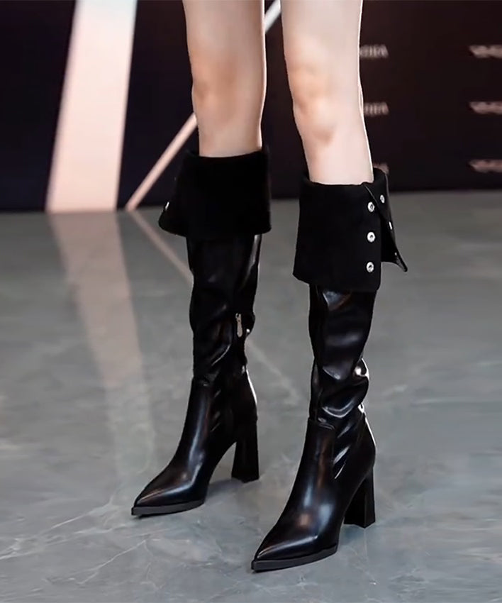 Beige Boots Chunky Heels Faux Leather Fuzzy Wool Lined