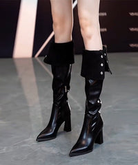 Beige Boots Chunky Heels Faux Leather Fuzzy Wool Lined