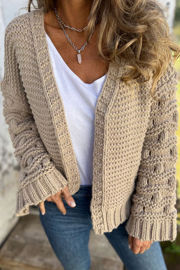 Knit Solid Color V-neck Long-sleeved Cardigan