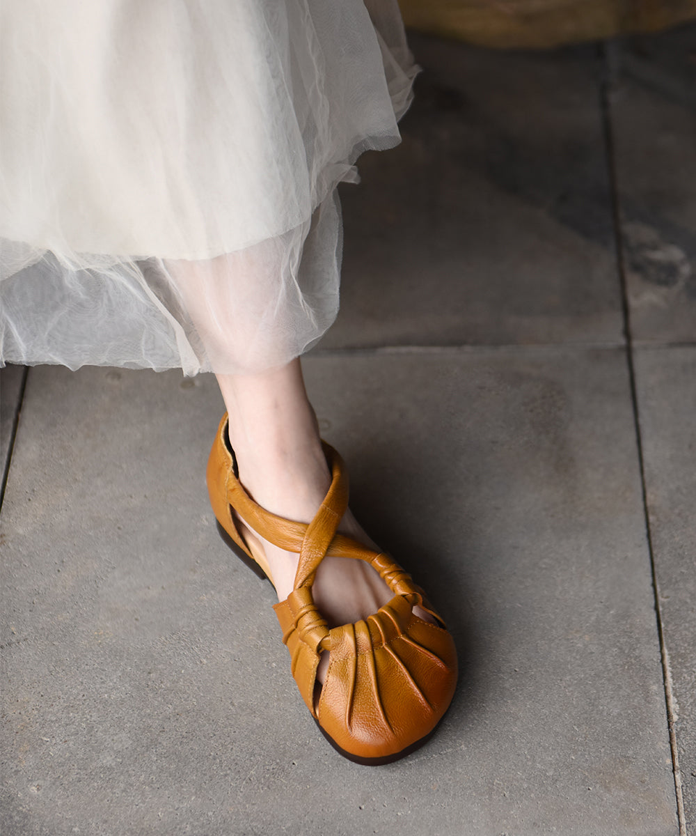 Yellow Cowhide Leather Splicing Hollow Out Walking Sandals