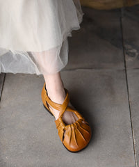 Yellow Cowhide Leather Splicing Hollow Out Walking Sandals