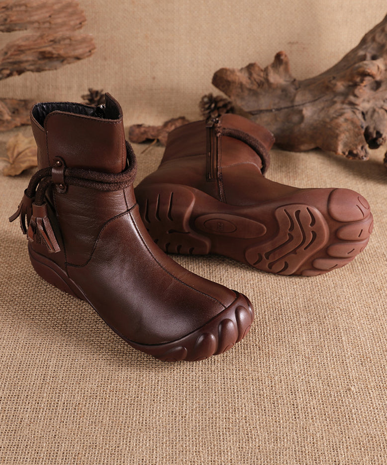 Black Cowhide Leather Comfortable Tassel Splicing Retro Boots