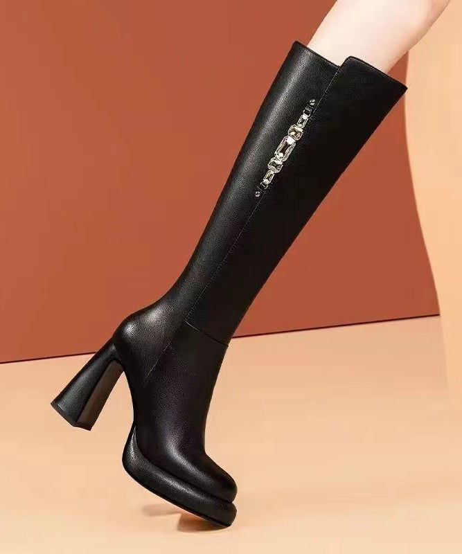 Chunky Heel Long Boots Black Cowhide Leather