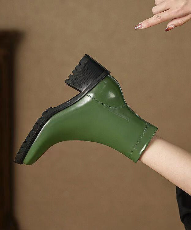 Army Green Zippered Chunky Heel Boots Sheepskin