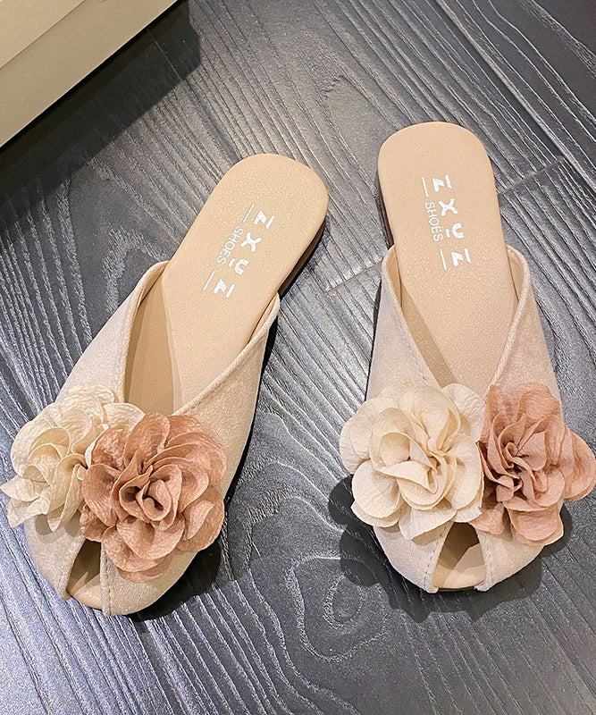Khaki Suede Floral Splicing Slide Sandals
