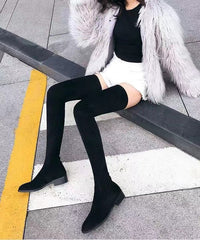 Black Knee Boots Chunky Suede Versatile