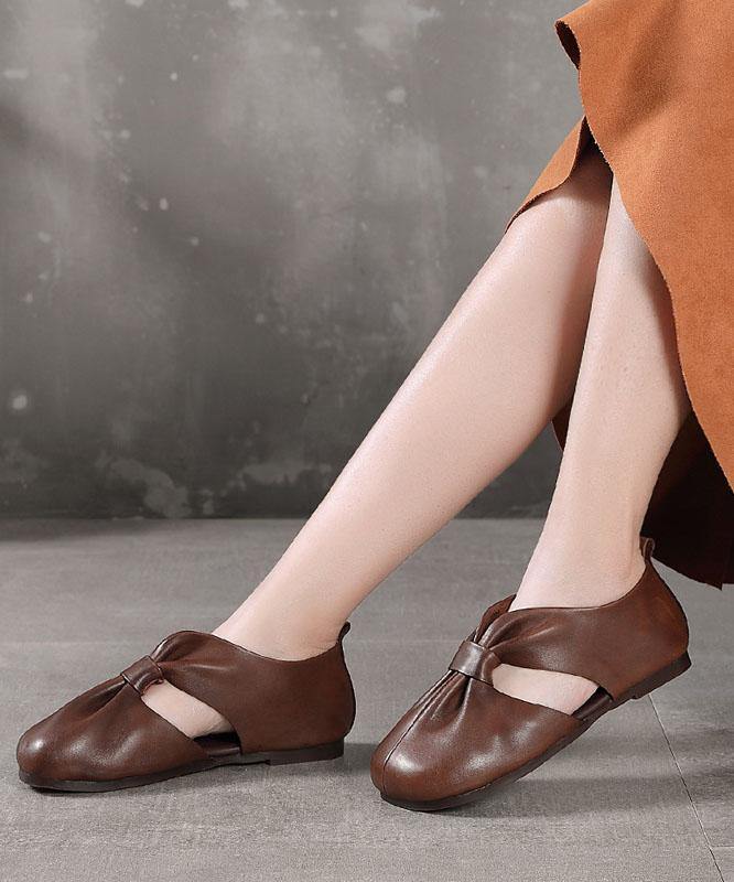 Chocolate Beautiful Hollow Out Flat Feet Shoes Cowhide Leather
