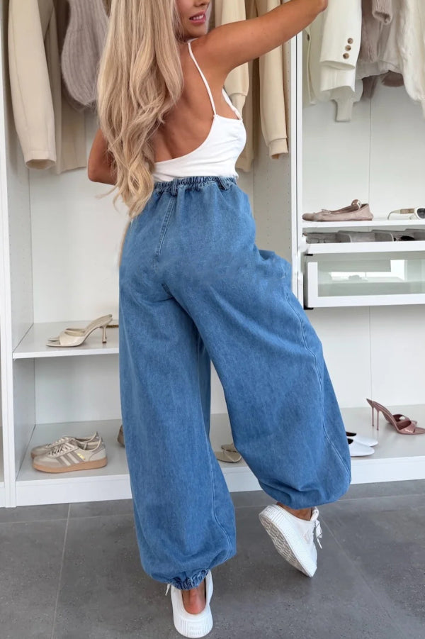 Denim High Rise Elastic Waist Pocket Loose Lantern Jeans