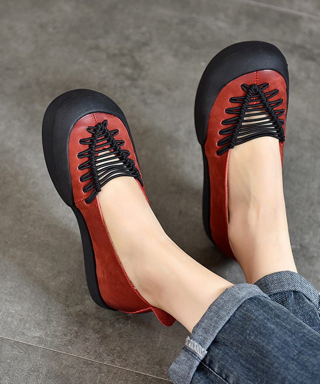 Casual Comfortable Red Cowhide Leather Splicing Flat Feet Shoes