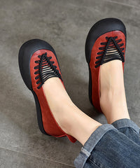 Casual Comfortable Red Cowhide Leather Splicing Flat Feet Shoes