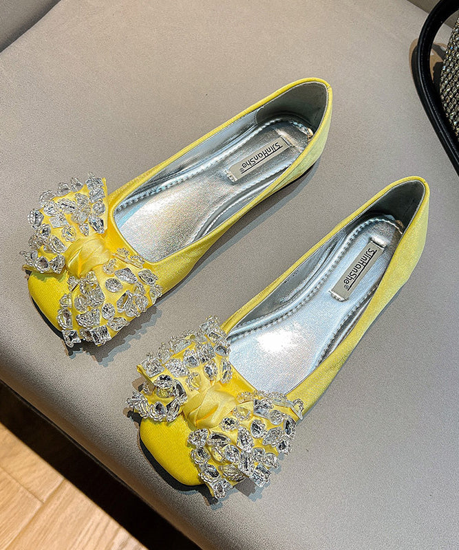 Splicing Flat Shoes For Green Satin Bow Zircon