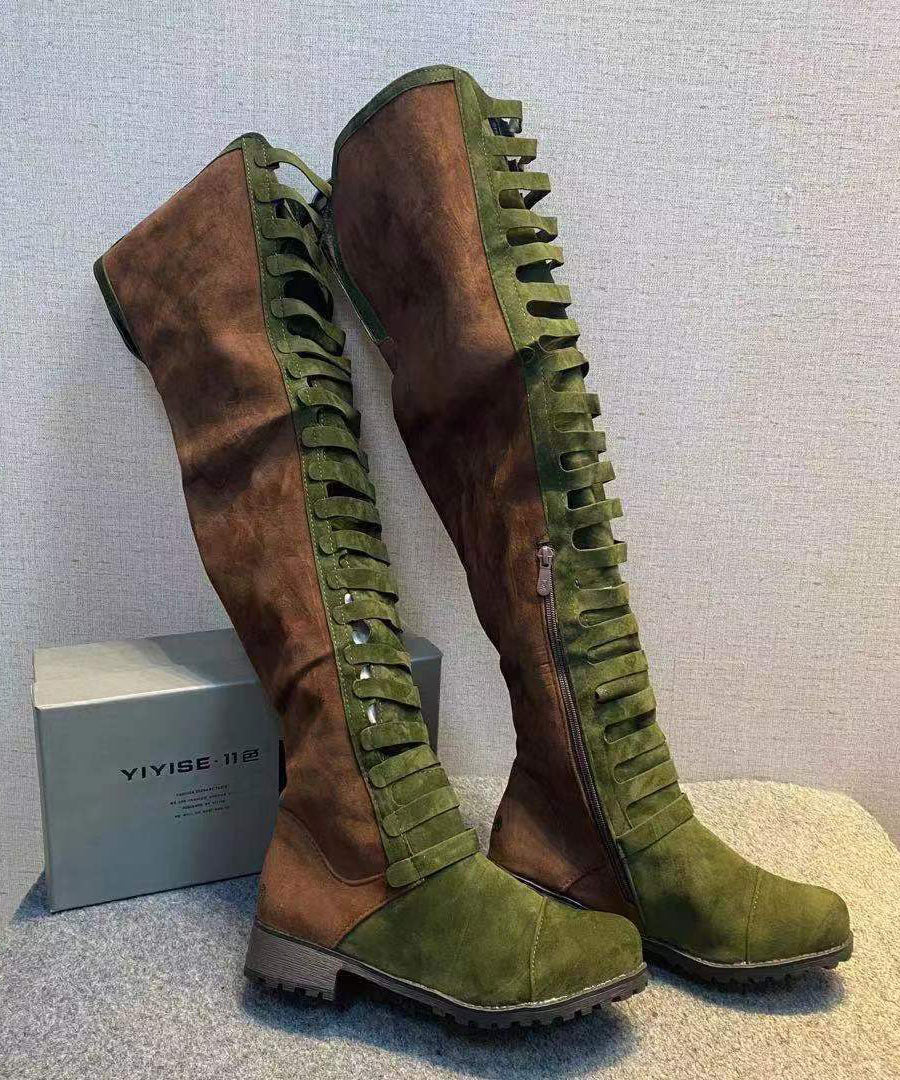 Splicing Zippered Chunky Knee Boots Green