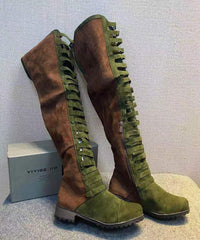 Splicing Zippered Chunky Knee Boots Green
