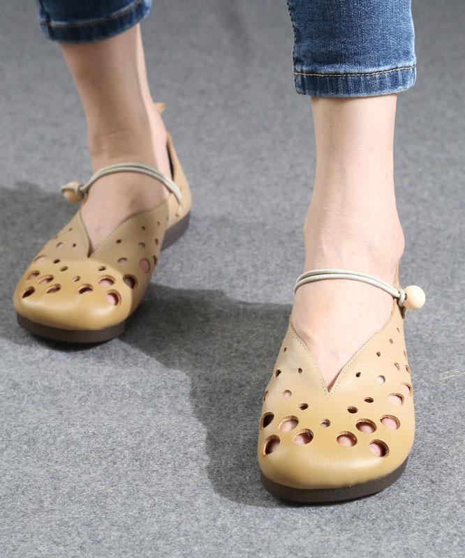 Cowhide Chocolate Leather Flat Shoes For Hollow Out Flat Shoes