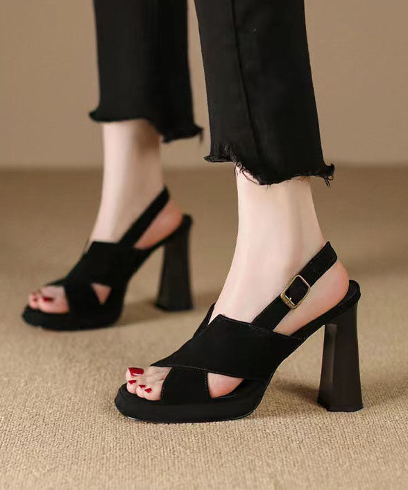 Black Sandals High Heel Sheepskin Splicing Peep Toe Buckle Strap