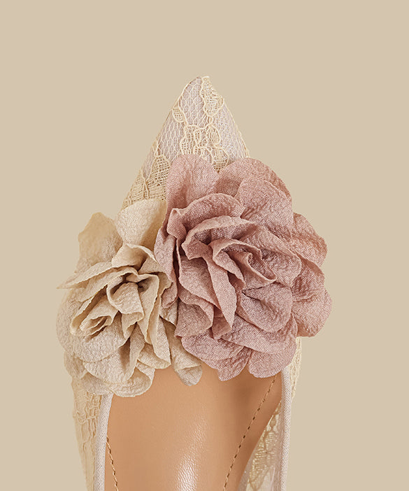 Apricot Lace Floral Flat Feet Shoes Splicing Pointed Toe