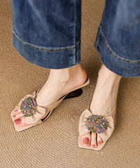 Black Wedge Sheepskin Zircon Chic Splicing Slide Sandals