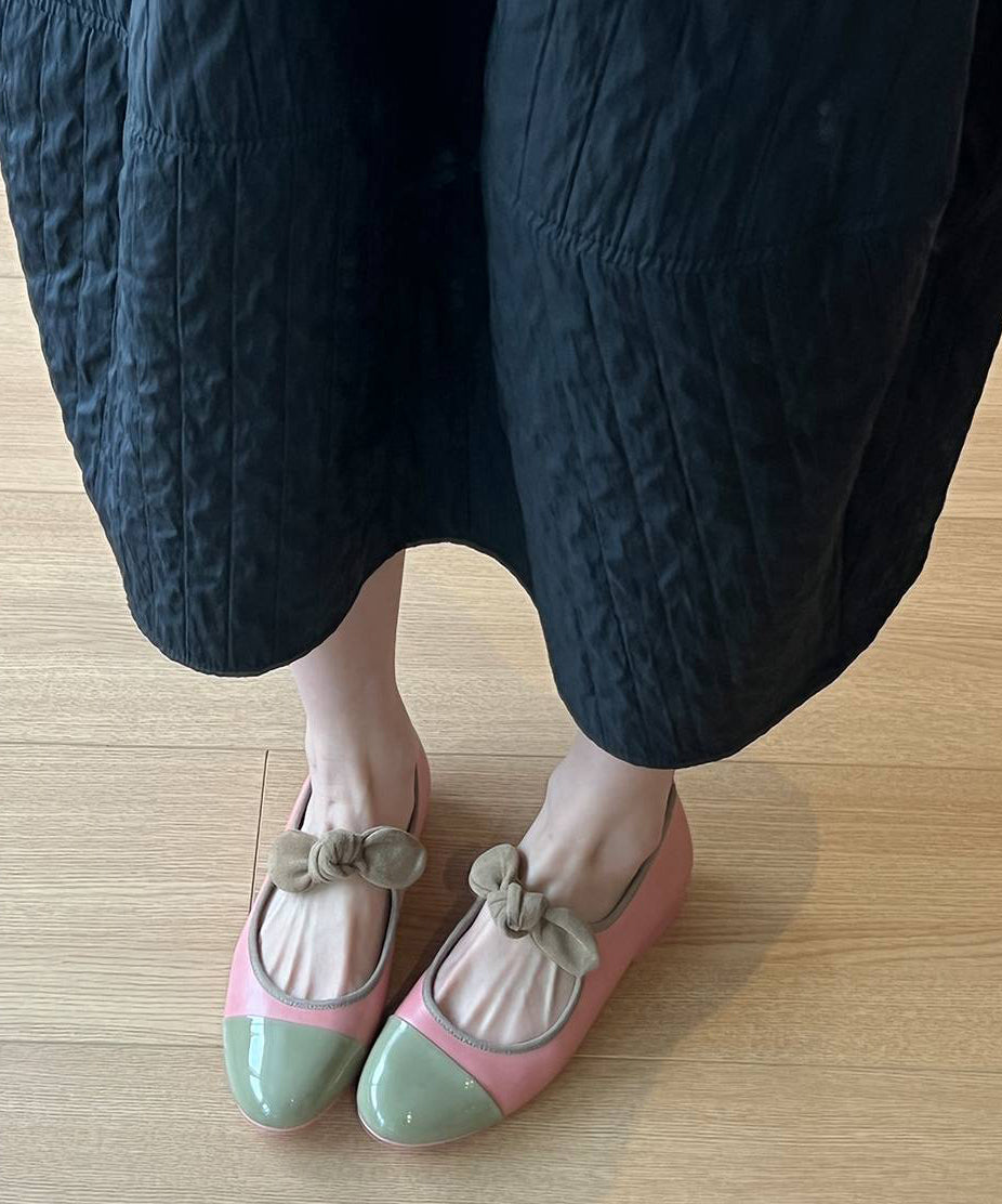 Boutique Bow Splicing Flat Feet Shoes Green Cowhide Leather