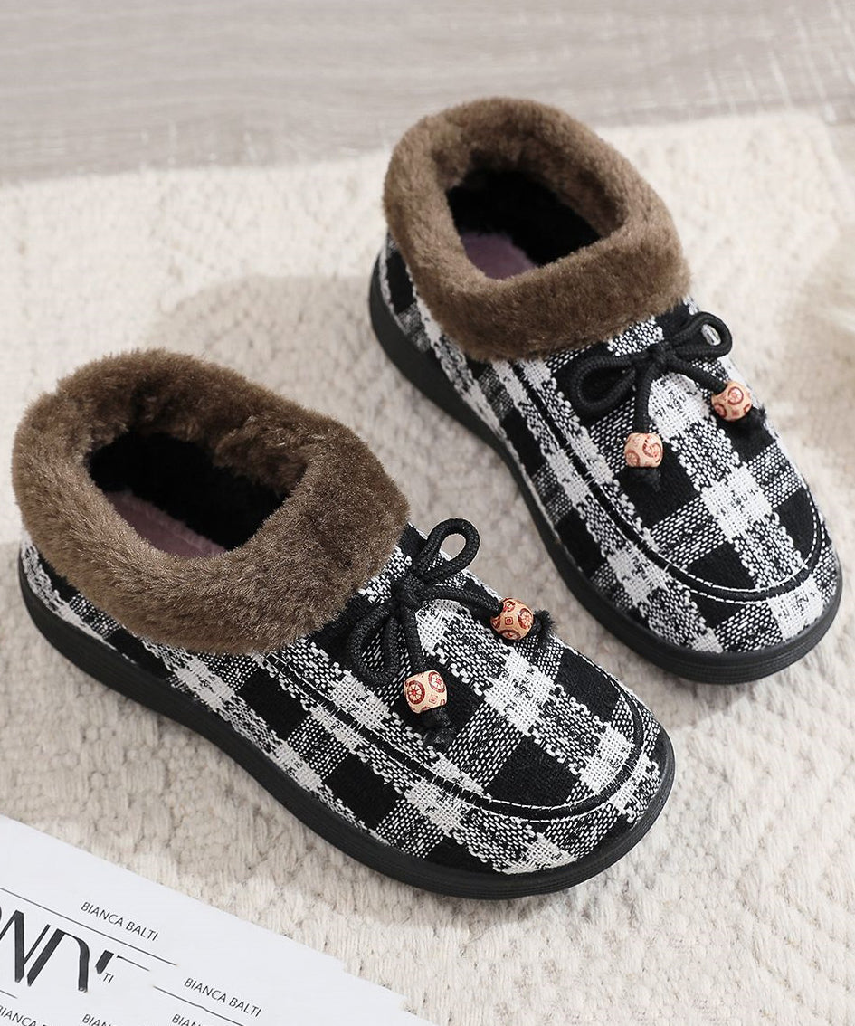 New Black Plaid Splicing Flats Fuzzy Wool Lined