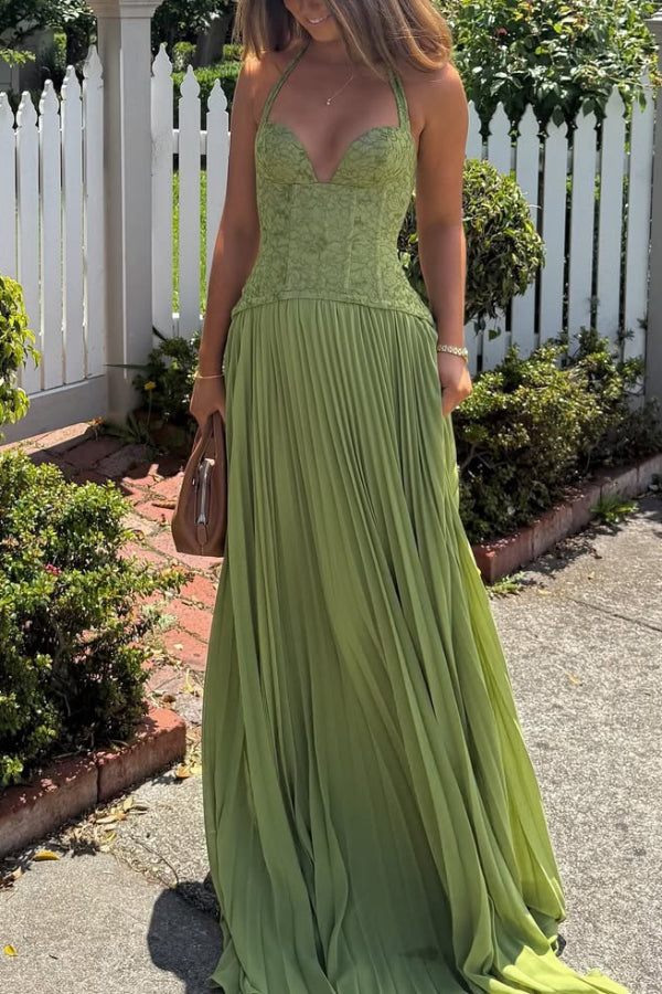 Elegant Lace Patchwork Halter Neck Tie Backless Pleated Maxi Dress