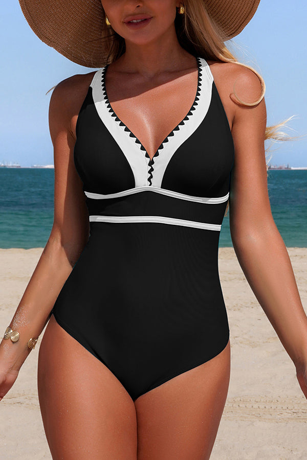 Color-blocked V-neck Stretch One-piece Swimsuit